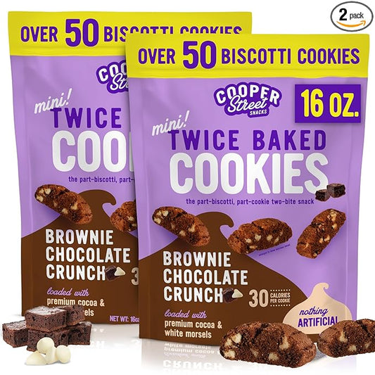 Cooper Street Twice-Baked Brownie Chocolate Biscotti Cookies (16oz each, Pack of 2) - 50 Two-Bite Mini Italian Style Snacks - Dairy-Free, Peanut Free, Kosher, Low-Calorie, Perfect with Coffee or Tea