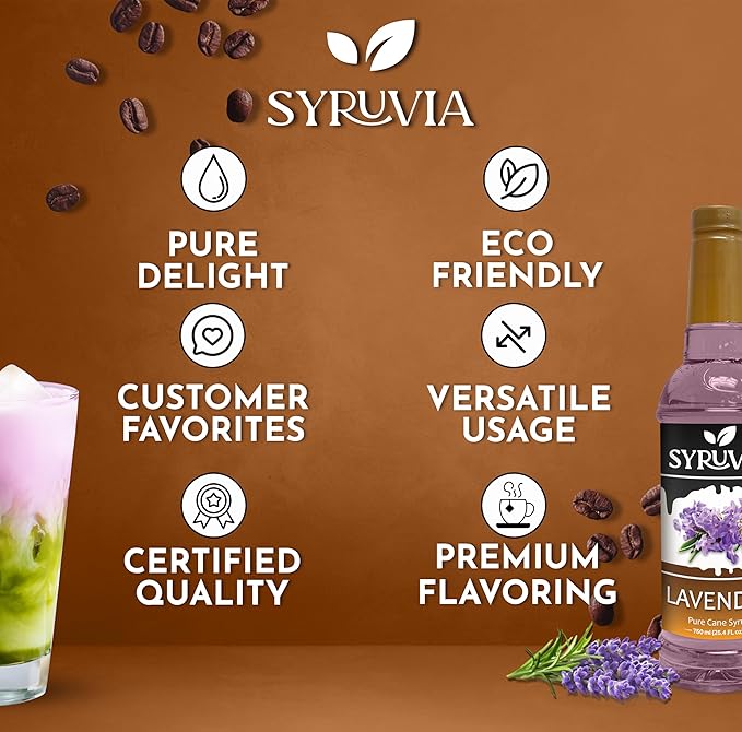 Syruvia Coffee Syrup, Lavender Flavored Syrup for Drinks, Lattes, and Desserts – 25.4 fl oz