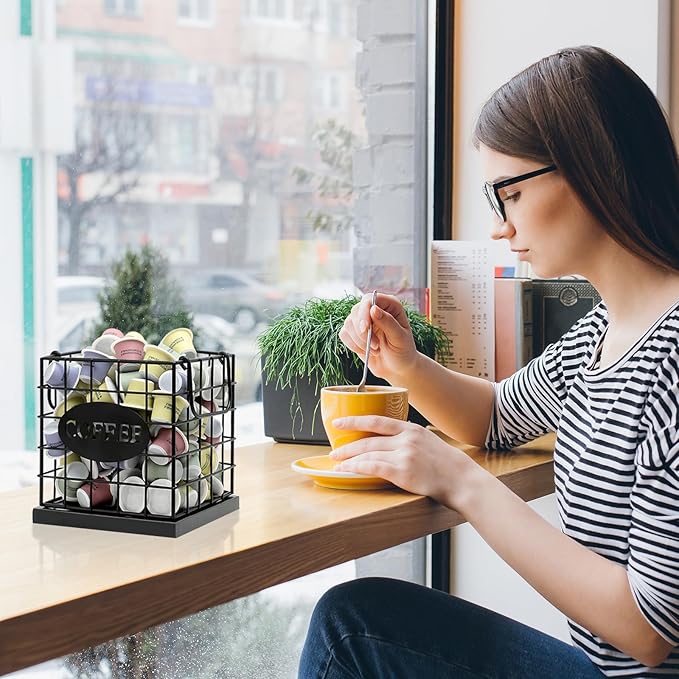 Coffee Pod Holder Organizer,Large Capacity K Cup Holder Organizer, Storage Basket for Kitchen Countertop Office Coffee Bar with Wooden Base(Rustic Black-Square)