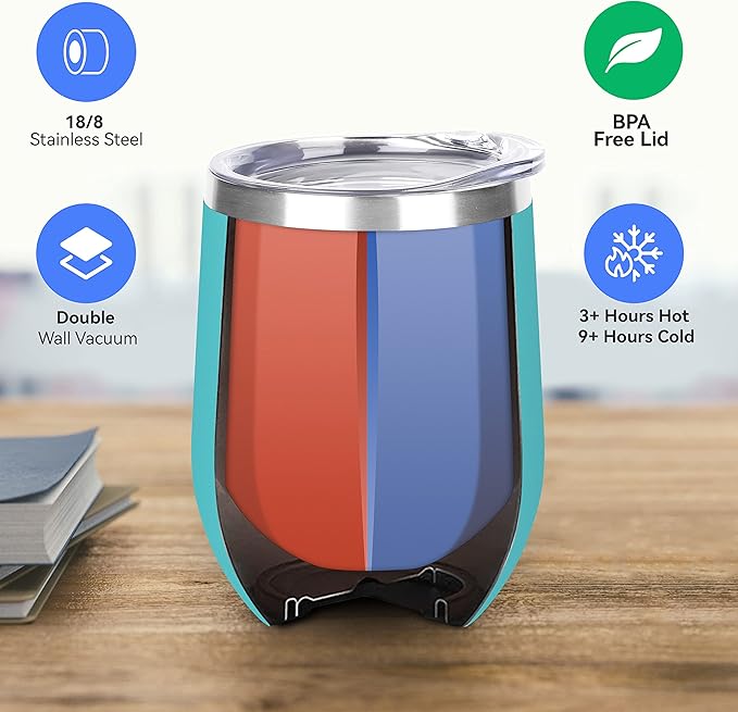 DOMICARE Stainless Steel Wine Tumbler Bulk with Lid, Personalized Insulated Tumblers Set, 12oz Travel Coffee Cups Pack of 1, Light Blue