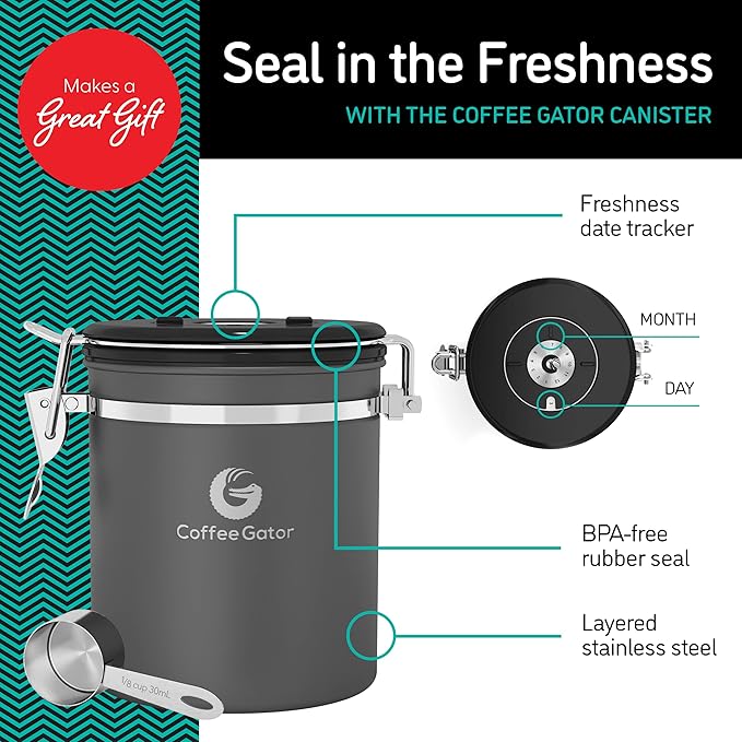 Coffee Gator Coffee Canister, 16oz Airtight Stainless Steel Kitchen Food Storage Container with Date Tracker, CO2-Release Valve and Scoop for Sugar, Beans, Tea, Sugar, Cereal, Cookies Jars - Black