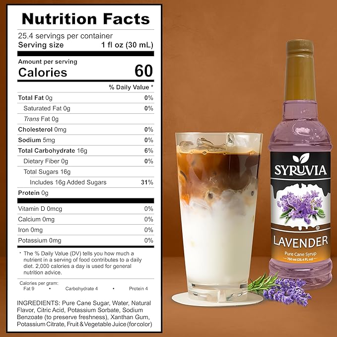 Syruvia Coffee Syrup, Lavender Flavored Syrup for Drinks, Lattes, and Desserts – 25.4 fl oz