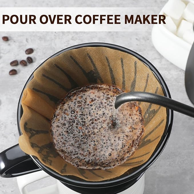 Mongdio V60 Ceramic Pour Over Coffee Dripper, Reusable Porcelain Portable Pour Over Coffee Maker, Slow Brewing Accessories with 1 Holes for Home - Size 02 Black