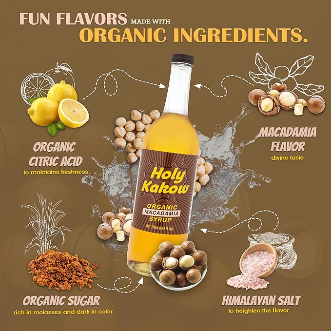 Holy Kakow Cafe Organic Macadamia Syrup - Macadamia Coffee Syrup, Organic Syrup for Coffee, Latte, Cocktail and Shake, Real Food Ingredients - 750ml