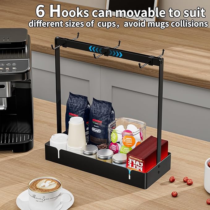 RCHYFEED Coffee Mug Holder Organizer with Movable Hooks, Coffee Cup Holder for Countertop, Metal Coffee Mug Tree Stand with Storage Basket, Cups Mug Rack for K Cup Pod Coffee Bar Kitchen, Black