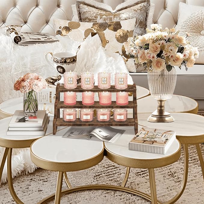 Wooden Display Riser Stand, Tiered Perfume and Cologne Organizer Stand, 3 Tier Spice Rack, Rustic Display Shelf for Candles, Kitchen Storage Holder for Spice Bottles, Jars, Seasonings