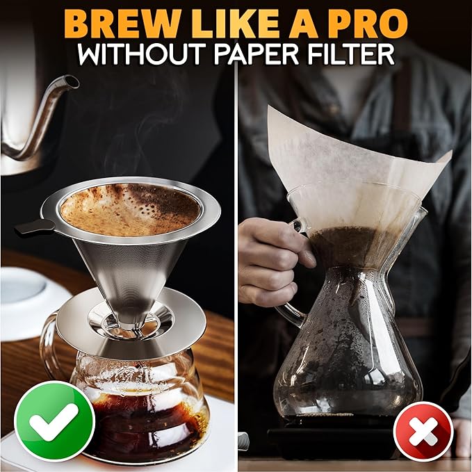 Stainless Steel Pour Over Coffee Maker - 3.18x4.48" Pour Over Coffee Dripper with Wide Secure Base, Large Plastic Handle, and Brush for Easy Cleaning – Ensures Well-Balanced, Clean Flavor