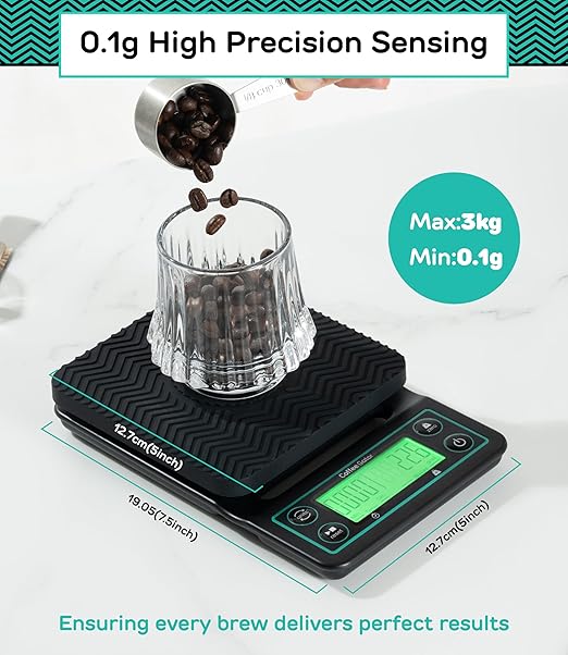 Coffee Gator Coffee Scale 0.1g Precision with Timer - 3kg Digital Scale ﻿Large LCD Weighing Kitchen Multifunctional for Pour-Over, Espresso, French Press, Bean, Food, Drink