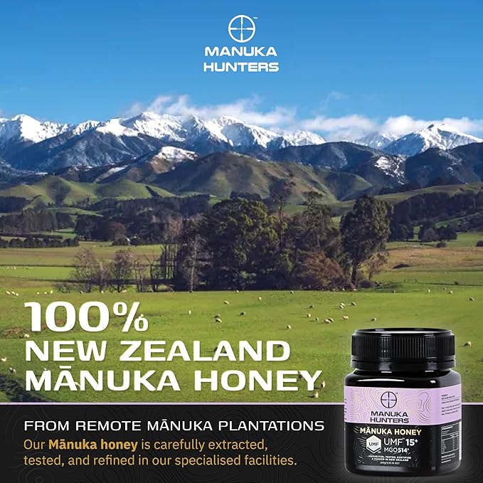 Manuka Hunters UMF 15+/MGO 514+ Certified New Zealand Manuka Honey - 100% Pure Natural Sweetener - Gluten, Dairy Free - Ideal for Tea, Coffee, Smoothies, and Baking - Sustainable - 8.8oz/250g Jar