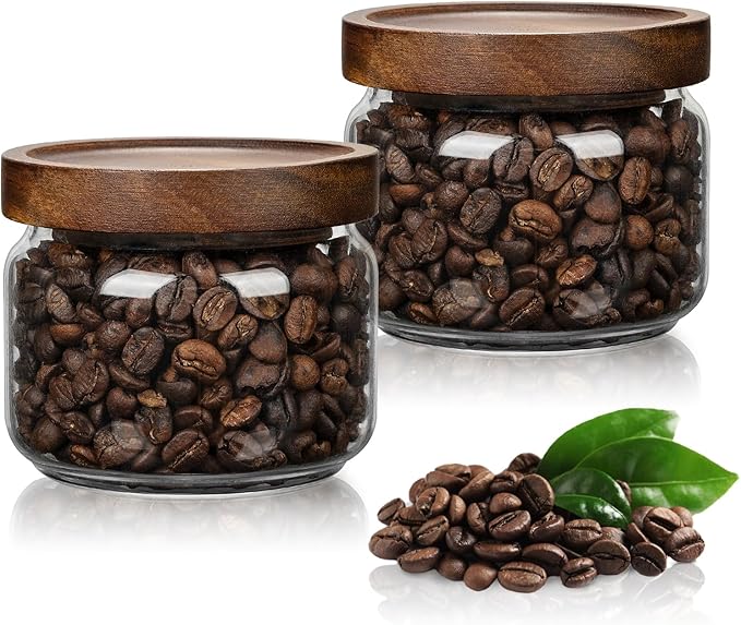 2PCS Small Glass Storage Jars with Airtight Lids, 11 fl oz (300ml) coffee container with Wooden Lid, Glass Pantry Canister for Beans, Rice, Sugar and etc