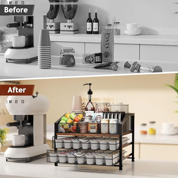 Coffee Bar Organizer - Coffee Station for Countertop, Metal and Wood K Cup holder Storage Basket for Coffee Pods, Syrup, Cups, Stirrer, Coffee Condiment, Tea Organizer, Black and Brown