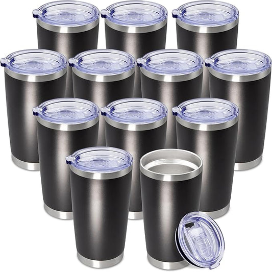 20 oz Tumbler Coffee Travel Tumblers Bulk with Lid Stainless Steel Double Wall Vacuum Insulated Mug Powder Coated Cups fit Car Cupholder for Hot and Cold - Black, 12Pack