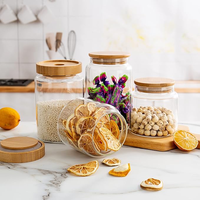 1200ML/42Oz Clear Cute Glass Storage Canister Holder with Airtight Bamboo Lid, Modern Decorative Large Container Jar for Coffee, Spice, Candy, Salt, Cookie, Condiment, Pepper, Sugar