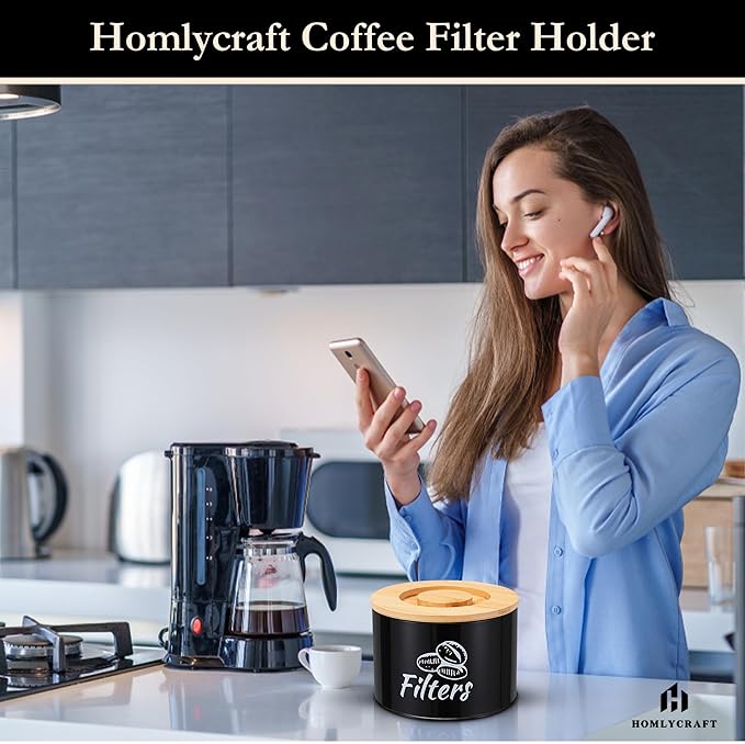 Coffee Filter Holder with Bamboo Lid – Filter Storage Organizer for Cone & Round Filters – Rustic Coffee Bar Container for Counter, Kitchen or Cafe Decor (Black).