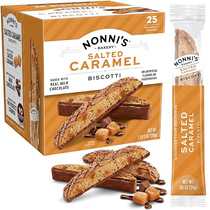 Nonni's Salted Caramel Milk Chocolate Biscotti Cookies — Individually Wrapped Italian Coffee Snack, Crunchy Twice-Baked, 90 Cal Each, 21 oz Carton