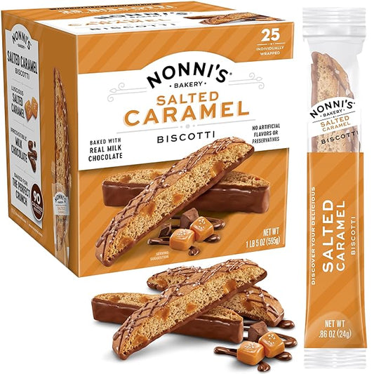 Nonni's Salted Caramel Milk Chocolate Biscotti Cookies — Individually Wrapped Italian Coffee Snack, Crunchy Twice-Baked, 90 Cal Each, 21 oz Carton