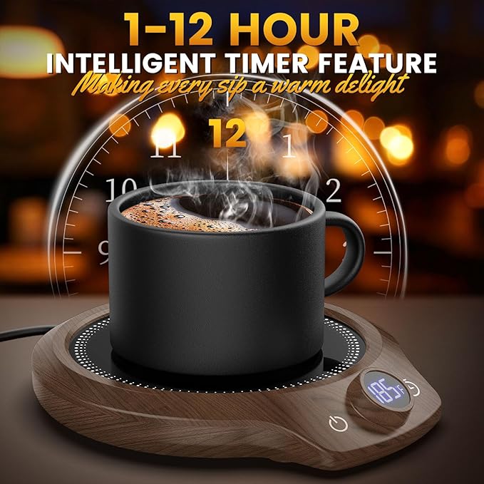 Fast Heating Mug Warmer - 4 Temp Settings & 1-12H Timer, Coffee Cup Warmer Plate for Desk Auto Shut Off, Ideal Beverage Warmer Gift for Coffee, Tea, Milk (Wood)