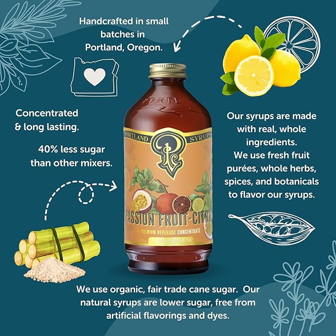 Portland Syrups Passion Fruit Citrus Syrup - Craft Tropical Sensations for Cocktails, Mocktails, Soda, and More - 12 oz with 10-15 Servings - Natural Organic Sugar, Lower Sugar Mixer
