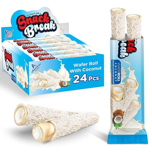 Snack Break Coconut Wafer Rolls, Rolled Wafer Cookies, Coconut Coated Delicious Snack, Individually Wrapped, Crunchy Sticks for On-the-Go, Coffee, Tea, Pack of 24