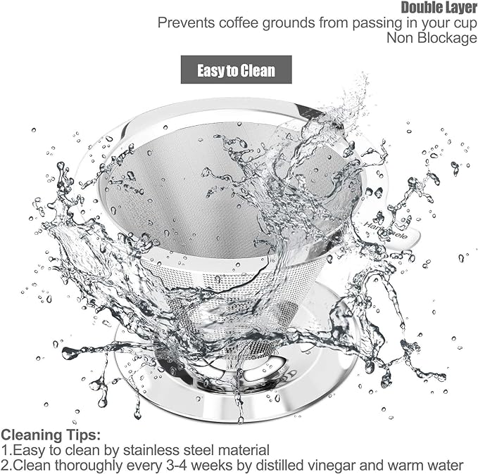 Pour Over Coffee Dripper, Paperless Reusable Coffee Filter, Pour Over Coffee Maker for Single Cup Brew, Double Mesh Design of Stainless Steel Cone Filter for Perfect Extraction (1-2 Cup)