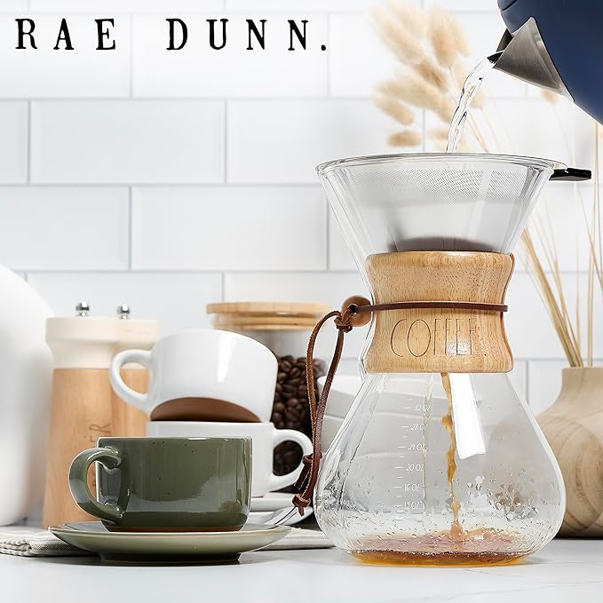 Rae Dunn Glass Pour Over Coffee Maker, 34oz Carafe with Reusable Stainless-Steel Filter and Elegant Bamboo Finish, Great for Brewing Coffee