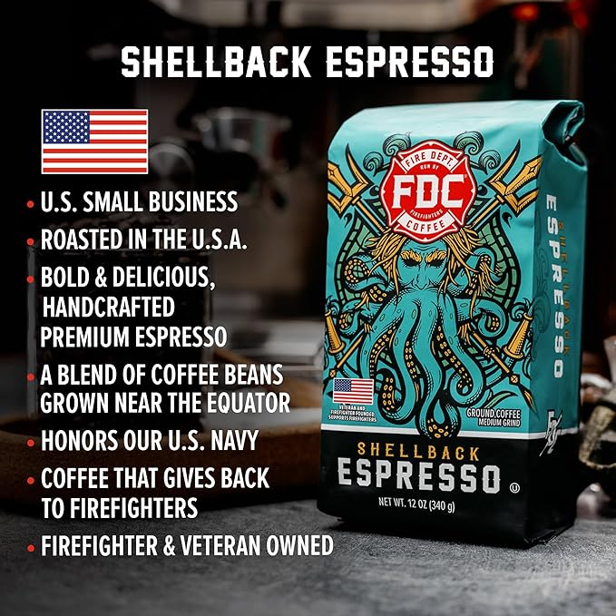 Fire Department Coffee - Gives Back to Firefighters - Bold & Smooth Shellback Espresso Ground Coffee - Roasted in the USA - Veteran Owned - 12 oz