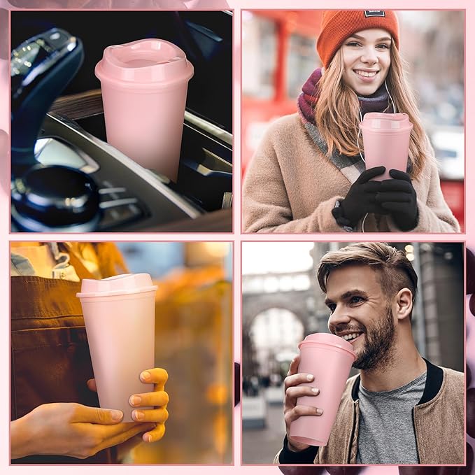 Domensi 15 Pack Reusable Coffee Cups with Lids 16 oz Disposable Travel Cups Bulk Plastic to Go Coffee Tumblers for DIY Hot Cold Drink Party Favors Coworker, Microwaveable (Pink)