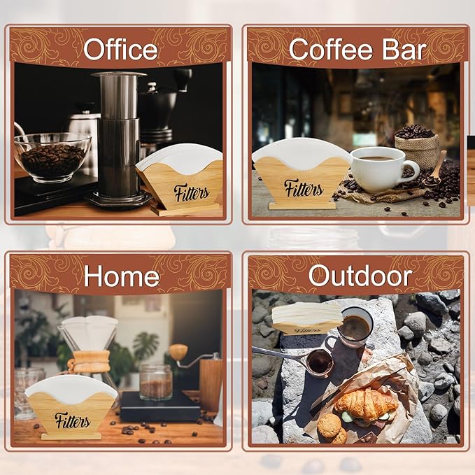 Juexica Farmhouse Cone Coffee Filter Holder Storage number 4 Rustic Wood Holder Organizer Counter Mount for Square Cone Shaped Flat Bottomed Paper(Bamboo Color)