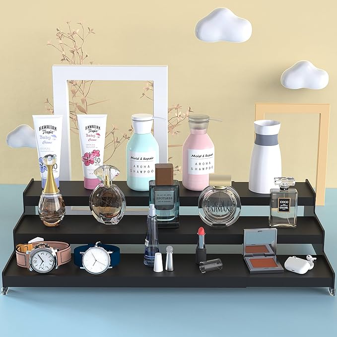 Spice Rack Organizer 3 Tier Expandable Display Shelf(12.8"-24.01" W) Non-Skid Heavy Duty Sturdy Metal Iron Alloy Steel Step Racks 1 Pack/Black