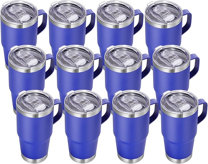 VEGOND 20 oz Tumbler Bulk with Handle Lid and Straw, Stainless Steel Insulated Travel Coffee Mug Set, Spill Proof Double Wall Metal Tumblers Cups, Powder Color Royal Blue 12 Pack