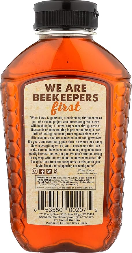 Raw, Unfiltered, Unpasteurized Texas Honey by Desert Creek Honey 1lb (16oz) Non-GMO, Kosher