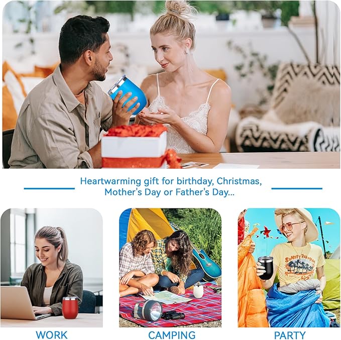 12oz/4 Pack Stainless Steel Wine Tumbler with Lid and Straw, Double Wall Vacuum Insulated Wine Tumbler Glasses, Stemless Travel Mugs for Hot and Cold Drinks, Coffee, Wine, Cocktails