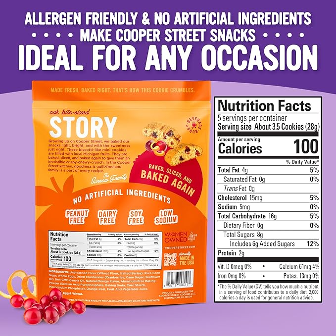 Cooper Street Twice Baked Orange Cranberry Biscotti Cookies - Light and Crispy Coffee Cookie Bites - Traditional Low Calorie Italian Snacks for Adults & Kids - Kosher, Dairy, Peanut & Soy Free - 5oz