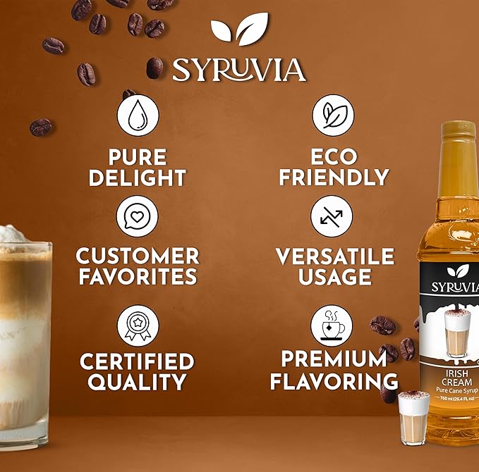 Syruvia Coffee Syrup, Irish Cream Flavored Syrup for Drinks, Lattes, and Desserts – 25.4 fl oz, With Pump