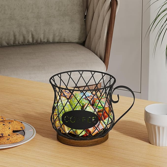 YINMIT K Cup Holder Organizer, Rustic Coffee Pod Holder Organizer, 35 Kcup Holder for Counter with Handle，Large Capacity Black Wire Coffee Capsule Basket for Kitchen Office Desktop (Circular Grid)