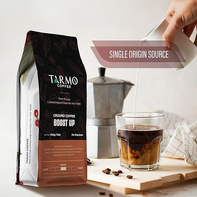 TARMO -BOOST UP | Low Acid ARABICA & ROBUSTA BLEND Ground Coffee | Specialty Vietnamese Coffee | Single Origin - Dark Roast | High Caffeine Coffee Ground | 12 Oz Bag