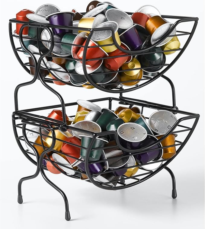 Nifty Single-Serve Wire Coffee Basket – Stacked Two-Tier Coffee Pod Storage Holder, Compatible with K-Cups, Home or Office Kitchen Counter Organizer, Modern Black Design