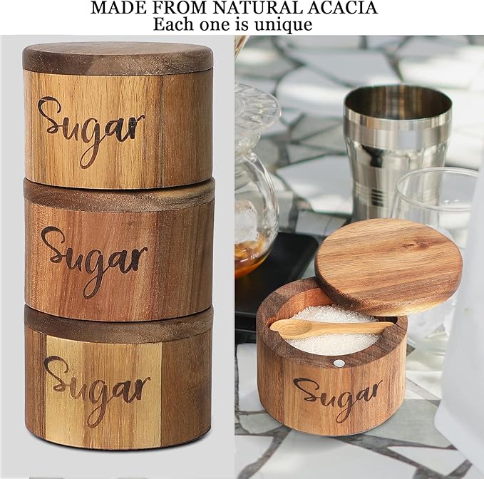 Acacia Wood Spice Box with Swivel Cover for Kitchen Countertop,Salt Keeper with Built-in Spoon,Modern Farmhouse Kitchen Decoror for Storing Seasonings (Labeled Sugar)