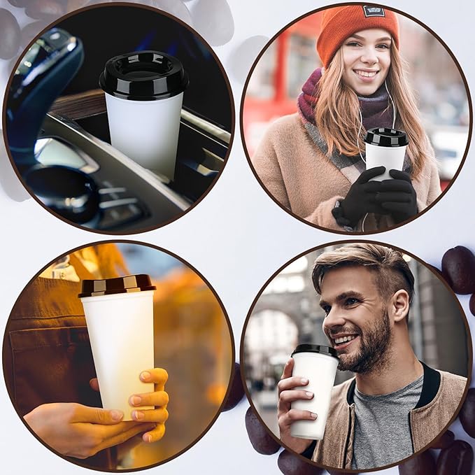 Domensi 15 Pack Reusable Coffee Cups with Lids 16 oz Disposable Travel Cups Bulk Plastic to Go Coffee Tumblers for DIY Hot Cold Drink Party Favors Coworker, Microwaveable (White with Black Lid)