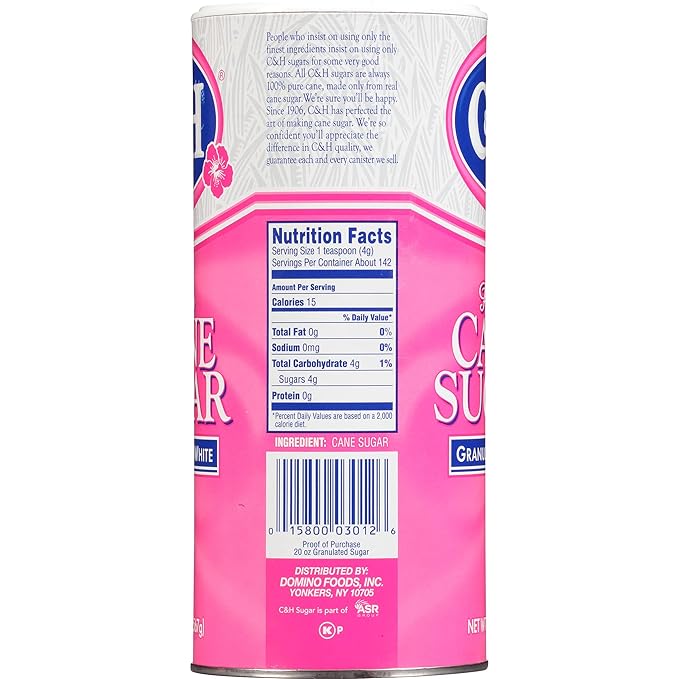 C&H® Granulated Sugar, 20 oz Canister Premium Pure Cane Sugar (Pack of 3)