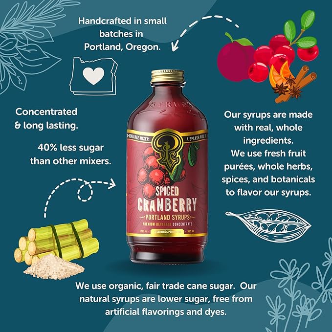 Portland Syrups Spiced Cranberry Syrup - Drink Mixer for Crafting Cocktails, Mocktails, & Seasonal Beverages - Flavor Enhancer for Soda, Punch, and Mulled Drinks - 12 oz Bottle, 24 Servings, Pack of 1