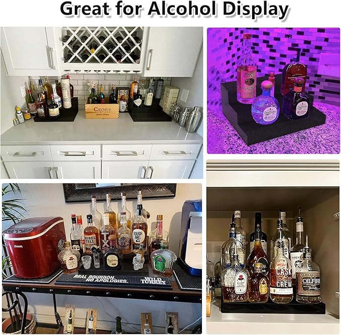 Liquor Bottle Display Shelf, Black Acrylic Riser Display Stand, Bar Shelves for Liquor Bottles, 3 Tier Shelf Organizer for Alcohol Figures Coffee Syrup Display, 16" L x 12.5" W x 6.5" H, Black