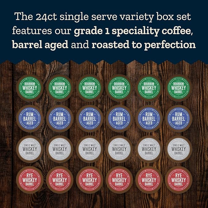 Cooper’s Cask Coffee Bourbon Barrel Aged Coffee Pods Variety Pack Set - Single Serve Cups, Bourbon, Rye Whiskey, Malt Whiskey, Rum Flavors, 24ct