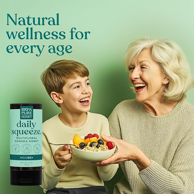 Manuka Honey New Zealand - MGO 50+ Multifloral 100% Pure New Zealand Mānuka Squeezy Honey, Raw Mānuka Honey, 12 Ounce