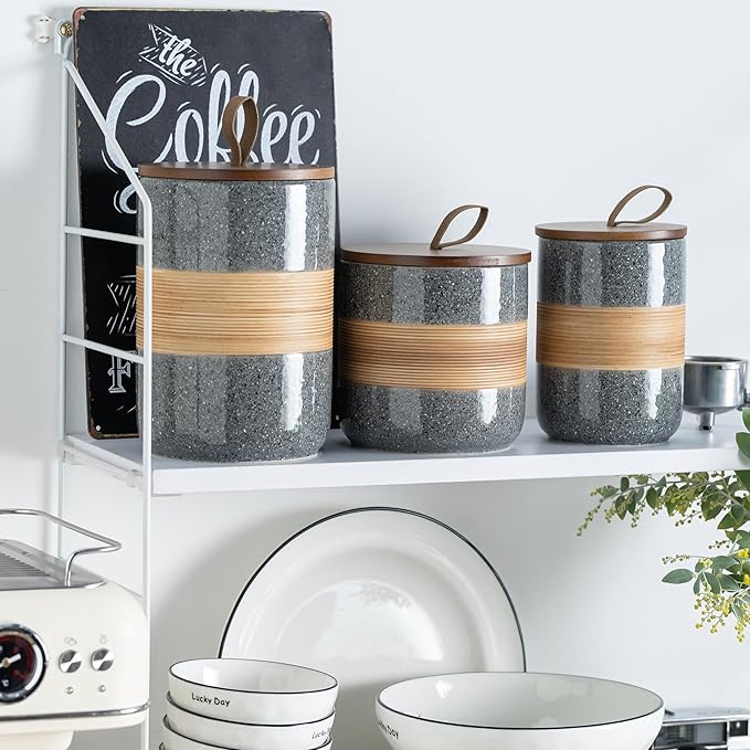 Large Storage Containers with Lids, Ceramic Coffee Container Kitchen Food Storage Cookie Jars with Airtight Lid for Spice Sugar Tea Bag, Stackable Decorative Jars for Counter, Grey & 61 fl.oz
