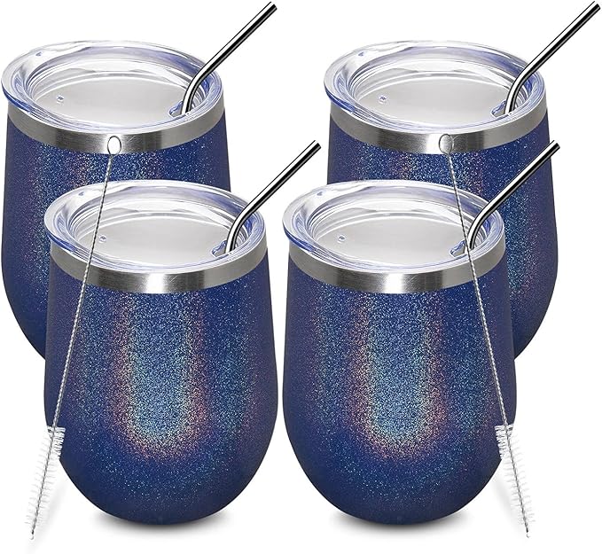 MEWAY 12oz/4 Pack Wine Tumbler Glasses with Lid - Stemless Double Wall Vacuum Stainless Steel Glitter Tumbler - Keeping Cold & Hot Cup for Coffee,for Women(Rainbow Navy,Set of 4)