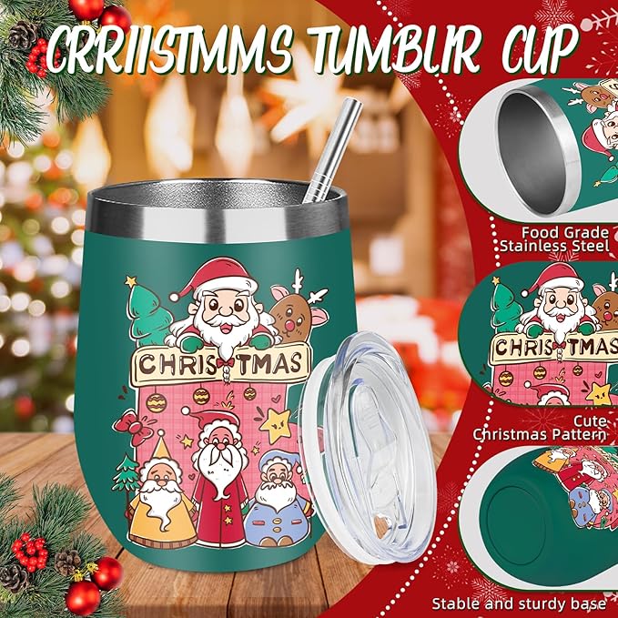 Christmas Wine Tumbler 12 oz Stainless Steel Wine Tumble Insulated Wine Tumbler with Lid Christmas Wine Glass Gifts with Straw and Brushes for Women Men Xmas Wedding Party (Green)