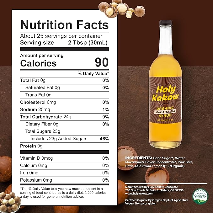 Holy Kakow Cafe Organic Macadamia Syrup - Macadamia Coffee Syrup, Organic Syrup for Coffee, Latte, Cocktail and Shake, Real Food Ingredients - 750ml