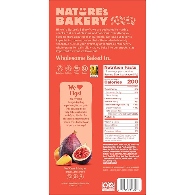 Nature’s Bakery Whole Wheat Fig Bars, Peach Apricot, Real Fruit, Vegan, Non-GMO, Snack bar, 1 box with 12 twin packs (12 twin packs)
