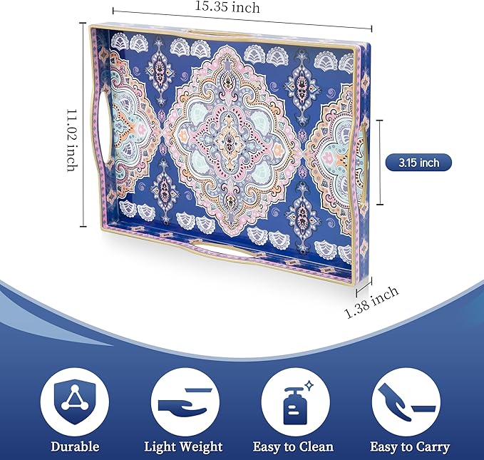 Gifturbo Serving Tray for Coffee Table, Rectangular Plastic Decorative Tray with 4 Handles for Entertaining, Outdoors, Living Room, Ottoman, Bathroom,Blue & Pink